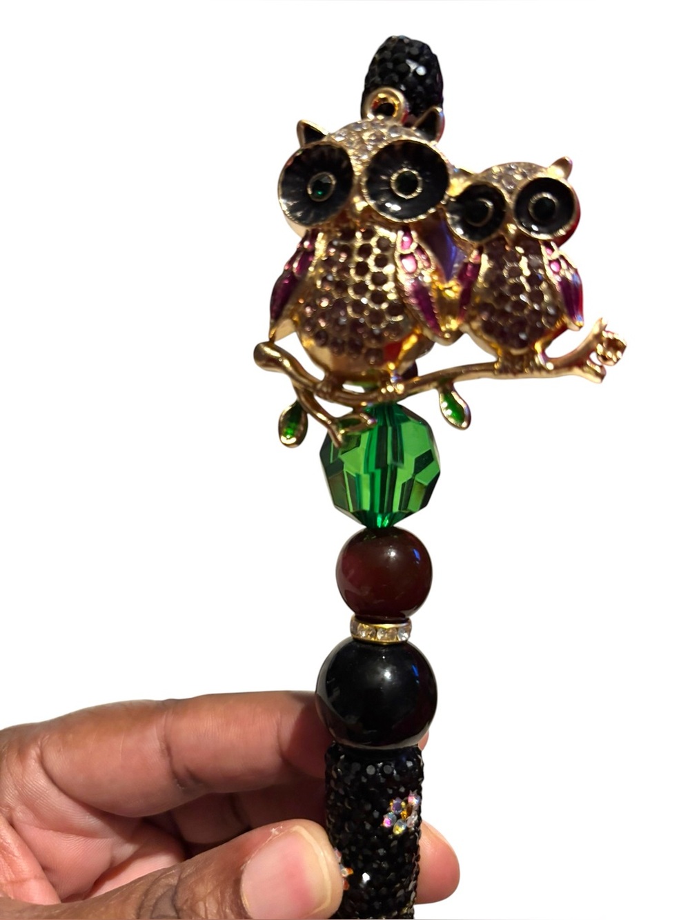 Handcrafted Black Rhinestone Pen With Owls - Picture 2 of 3